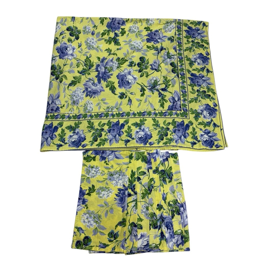 Vintage April Cornell Floral Tablecloth 100" x 45" Yellow Blue 8 Napkins 15x14"